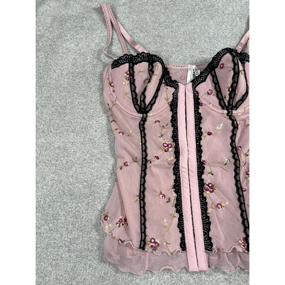 Rampage Pink Floral Embroidered Mesh Bustier Corset Top Black Lace Trim 34B Y2K‎ - Picture 8 of 12